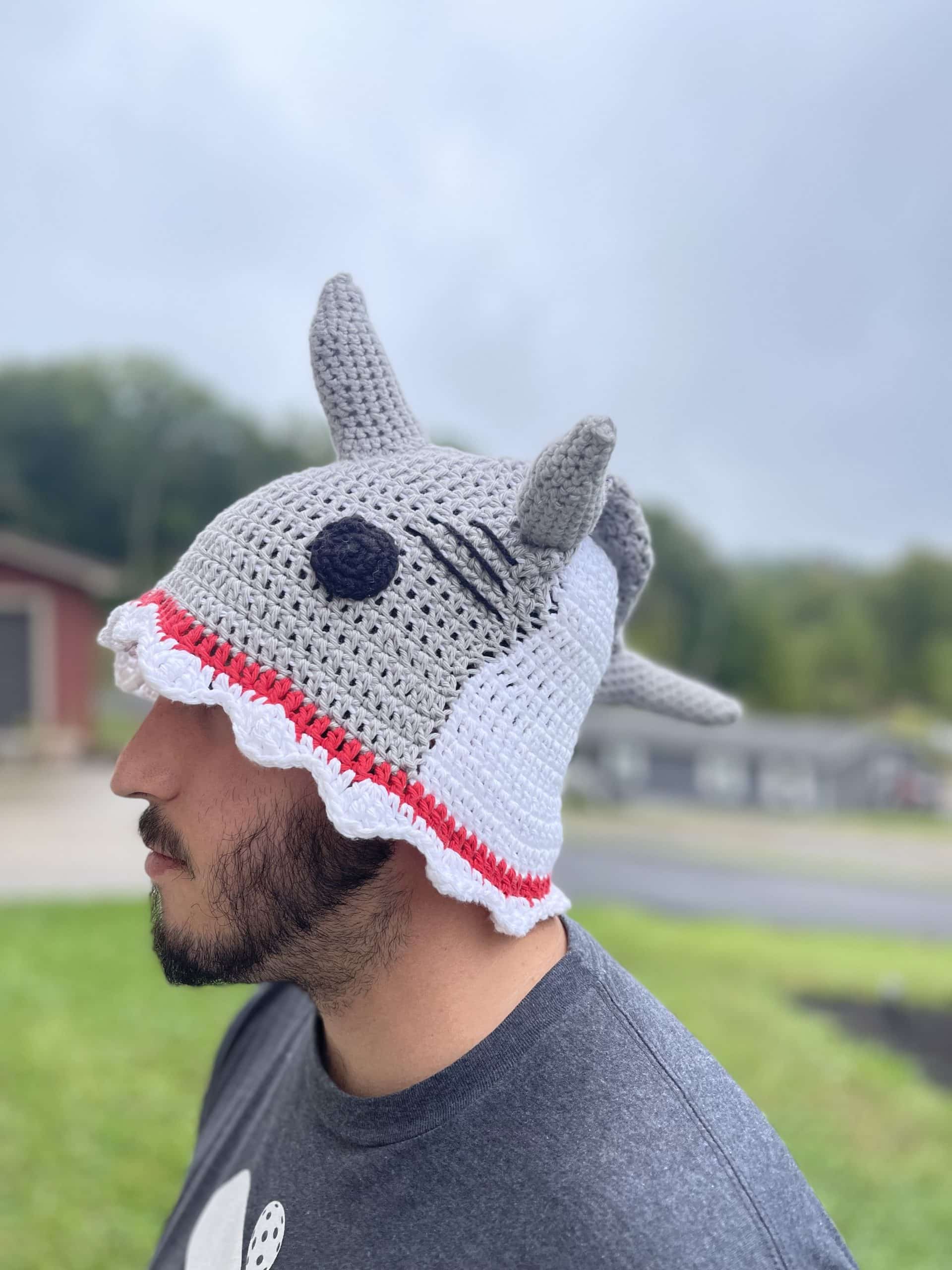 shark hat on head side view no tail stuffing